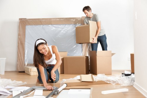 Packed business assets ready for transport during a local office relocation