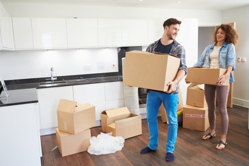 Packed office furniture and equipment prepared for transport